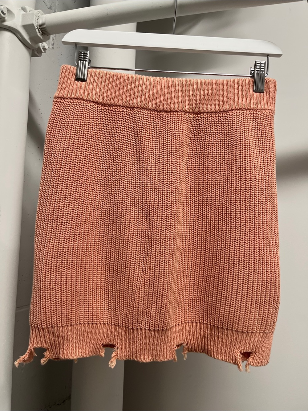 MABLE Distressed Knit Mini Skirt in Coral